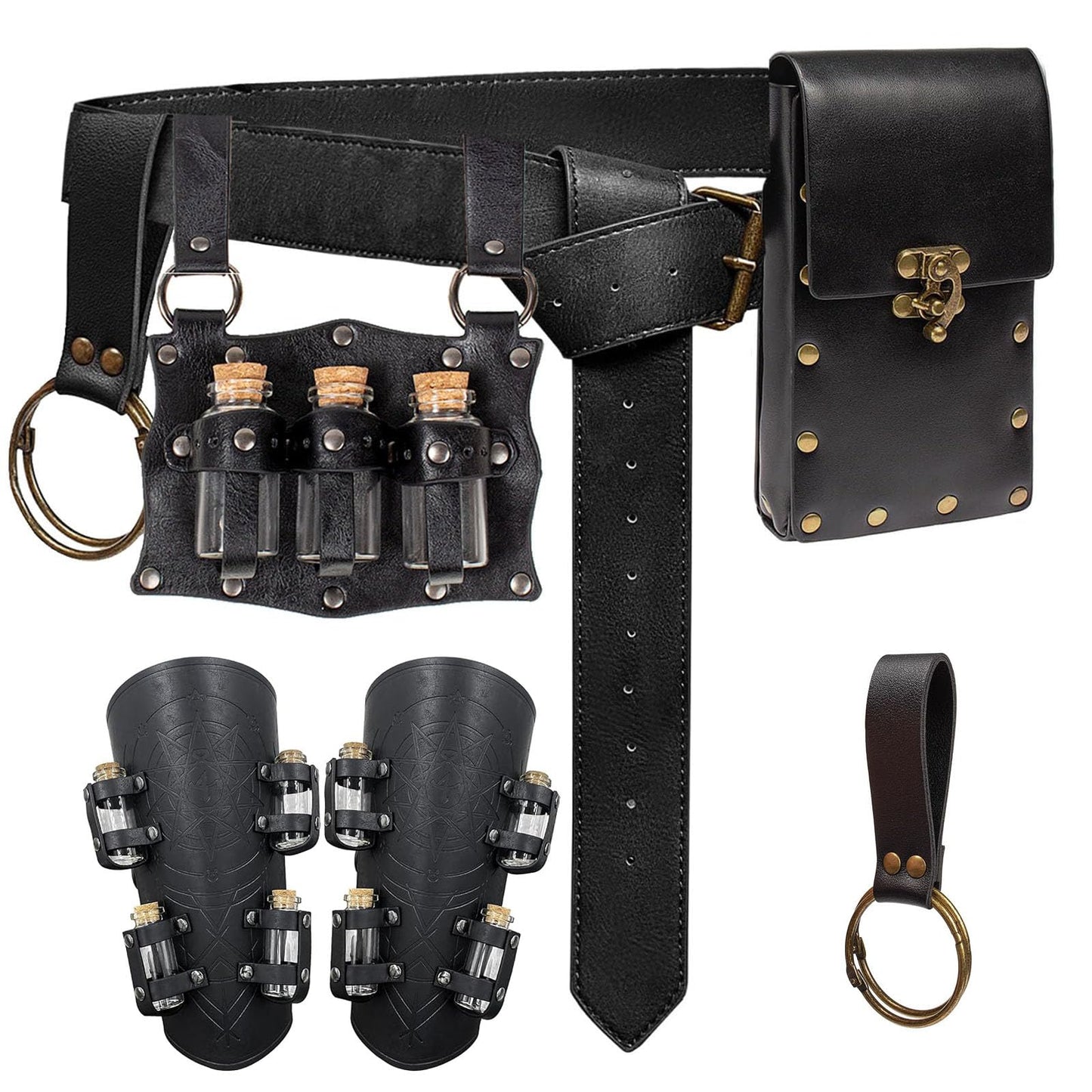 Medieval Renaissance Viking Bracer Wrist Guard, Leather Belt Pouch with Witch Bottle Vials, Festival Costume Accessory Waist Bag (Black)