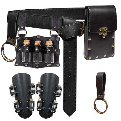 Medieval Renaissance Viking Bracer Wrist Guard, Leather Belt Pouch with Witch Bottle Vials, Festival Costume Accessory Waist Bag (Black)