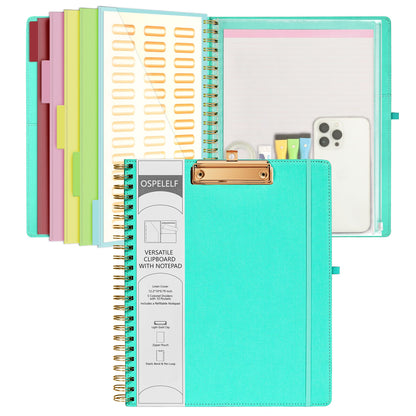 Ospelelf Foldable Spiral Clipboard Folio with Storage Zipper Pouch, 5 Plastic Folders with 10 Pockets,Refillable Lined Notepad (11" x 8.5"), Hardcover Project Organizer with 39 Stickers (Aqua)