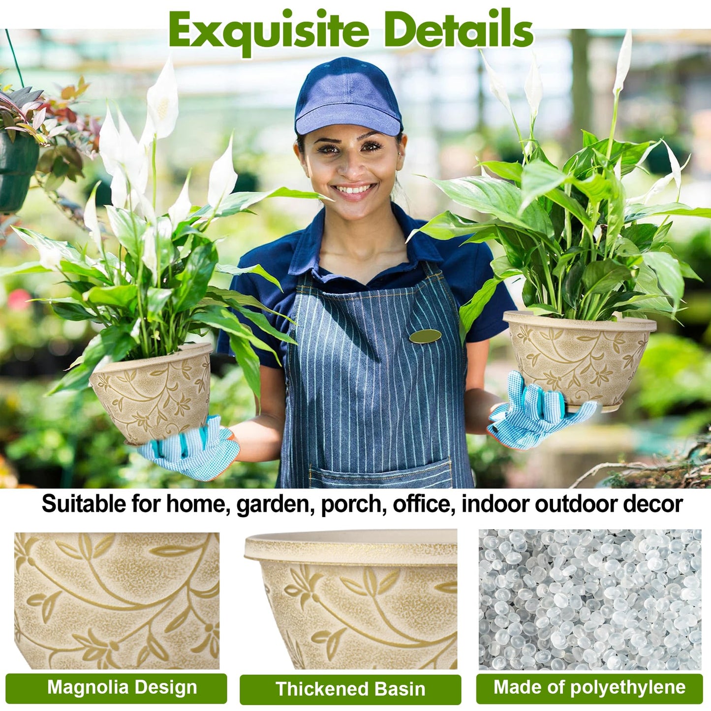 Nooulap 4 Pack 10 Inch Plant Pot with Drainage & Saucer, Plastic Flower Pots Outdoor Indoor, Beige Planters with Gold Flower Partten, for Patio, Garden Home Decor