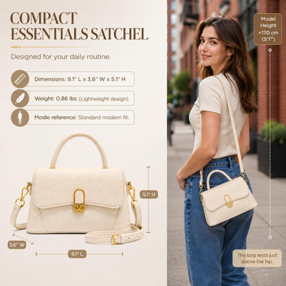Crossbody Bag for Women Small Satchel Purse, Pebbled PU Leather Handbag with Top Handle, Adjustable Strap, Gold Turn Lock, Zip Pocket, White Everyday Shoulder Bag