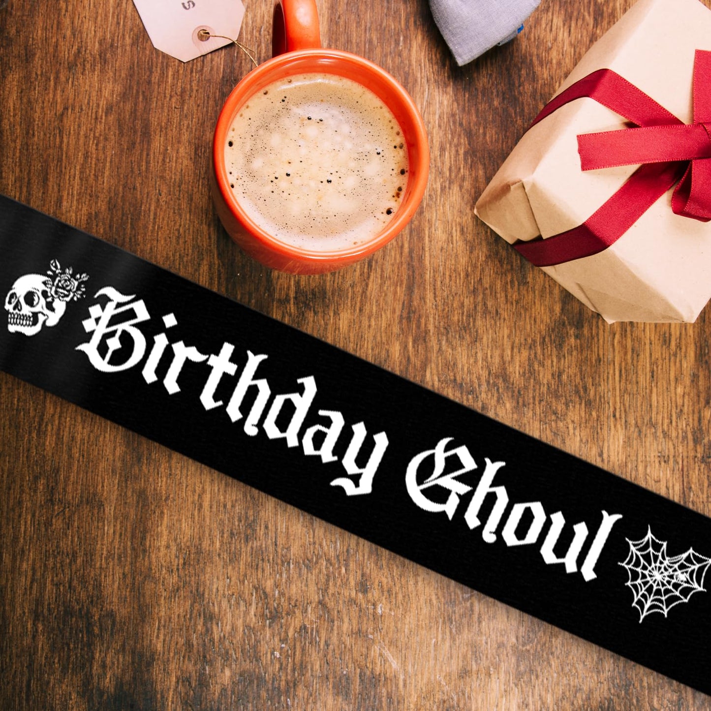 Black Birthday Ghoul Sash with White Glitter Printing Letters - Halloween Birthday Decorations，Glitter Cloth Goth Sash, Halloween Bhday Decorations