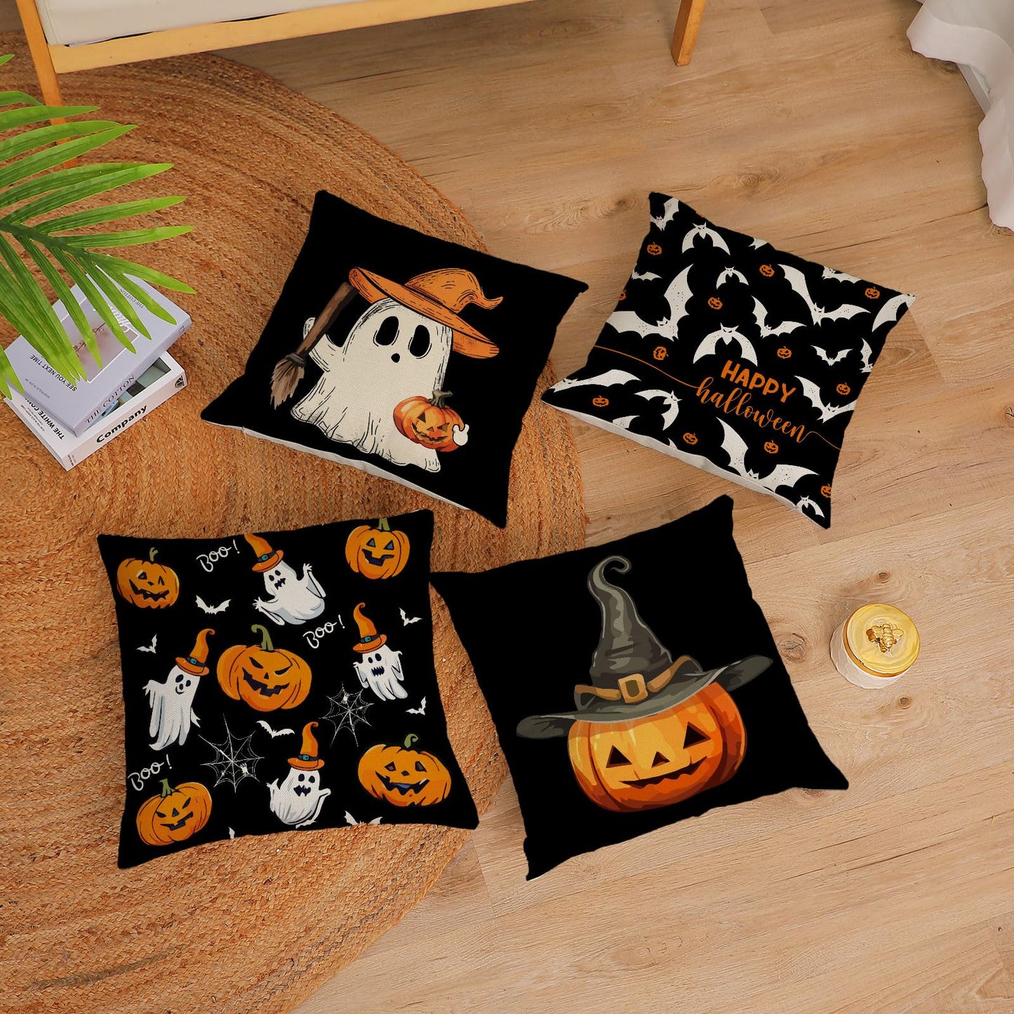 Halloween Pillow Covers 16x16 Set of 4 Ghost Pumpkin Decorative Throw Pillows Cover Black Spider Webs Pillow Cases Home Outdoor Sofa Couch Cushion Covers for Halloween Decorations (16 by 16)