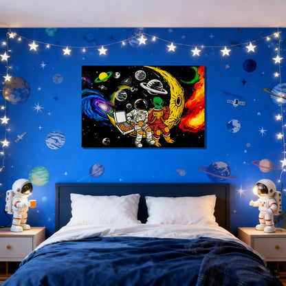 16x24 Space Astronaut Alien Pizza Party Canvas Wall Art Black Cosmic Prints Moon Planet Poster Home Framed Decor Kids Bedroom Fantasy Painting Teen Boy Room Funny Gift Picture Child Study Room Photo