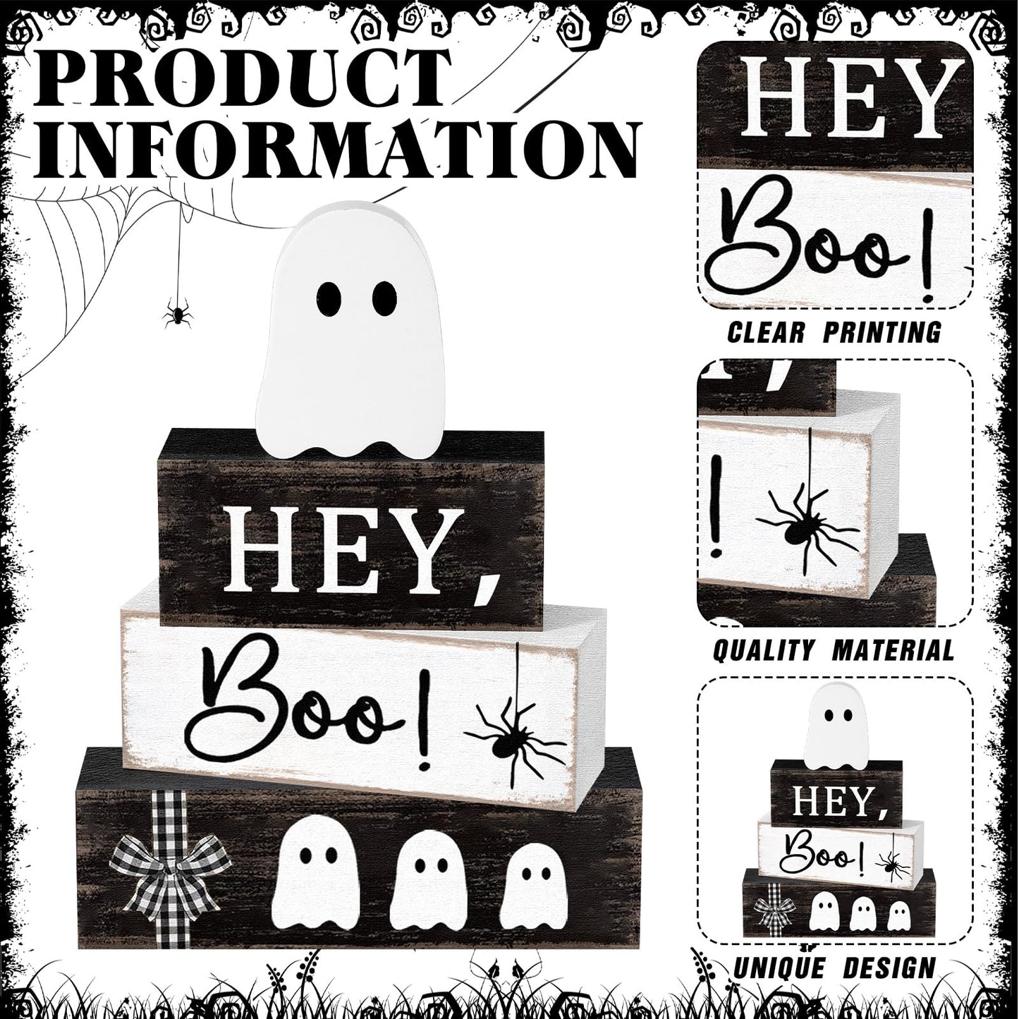 Cinnvoice 4 Pcs Halloween Table Decorations Ghost Tiered Tray Decor Farmhouse Ghost Tabletop Centerpiece Rustic Wooden Block Sign Gift Halloween Decor for Home Office Mantel Kitchen Shelf(Pretty)