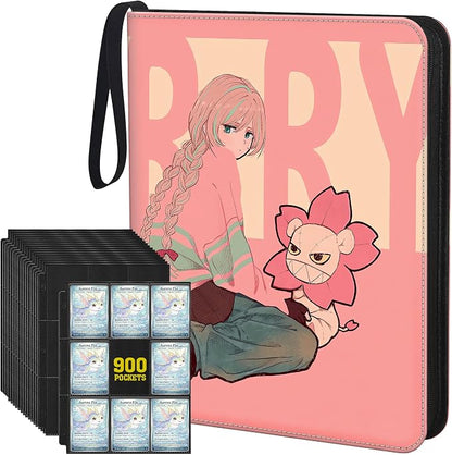 Trading Card Binder Album, 900 Pockets, 3-Ring Refillable with 50 Double-Sided 9-Pocket Sheets, Fits 2.5"x3.5" TCG & Sports Cards, Acid-Free, Zippered PU Cover, Cherry Anime Design