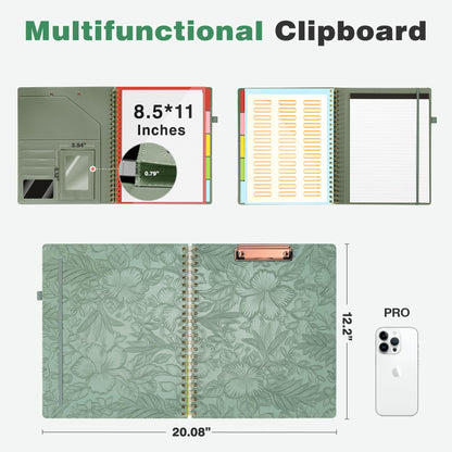 Clipboard with Storage for Men Women, Leather Padfolio Portfolio Organizer 5 Folders with 10 Pockets, Spiral Clipboard Folio with Notepad for Letter Size, Elastic Closure and Pen Loop Green Floral