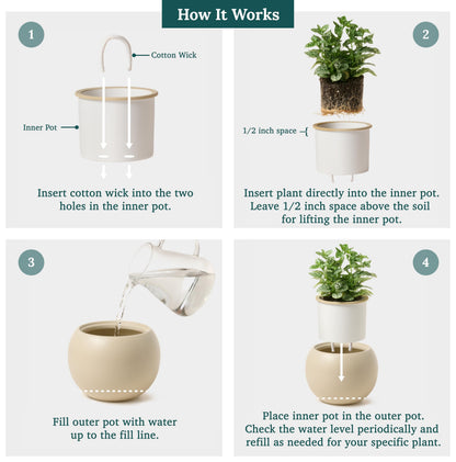 LAMENICO Ceramic Self Watering Plant Pot | 6.8 Inch Pot with 4.5 Inch Inner Pot for Small Plants | Ivory Pot for Indoor Plants | Round Self Watering Planter | Bottom Watering Pots for Indoor Plants