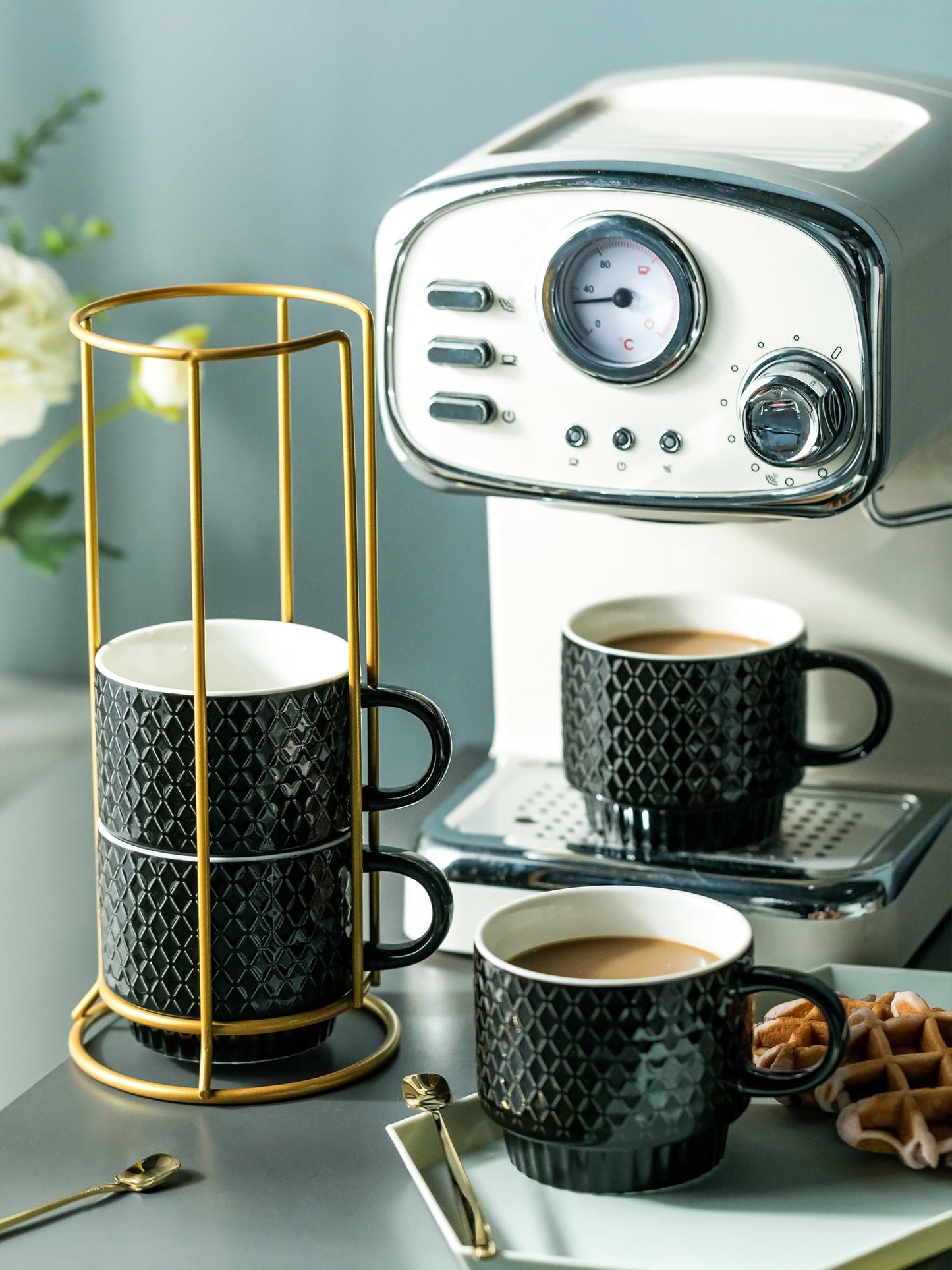 LYEOBOH Stackable Coffee Mugs Set of 4 with Rack & Spoons Coffee Mug Set 13 OZ., Ceramic Embossed Grinding Demitasse Cups Set Cappuccino Cup Halloween for Coffee, Latte, Macchiato, Espresso, Black