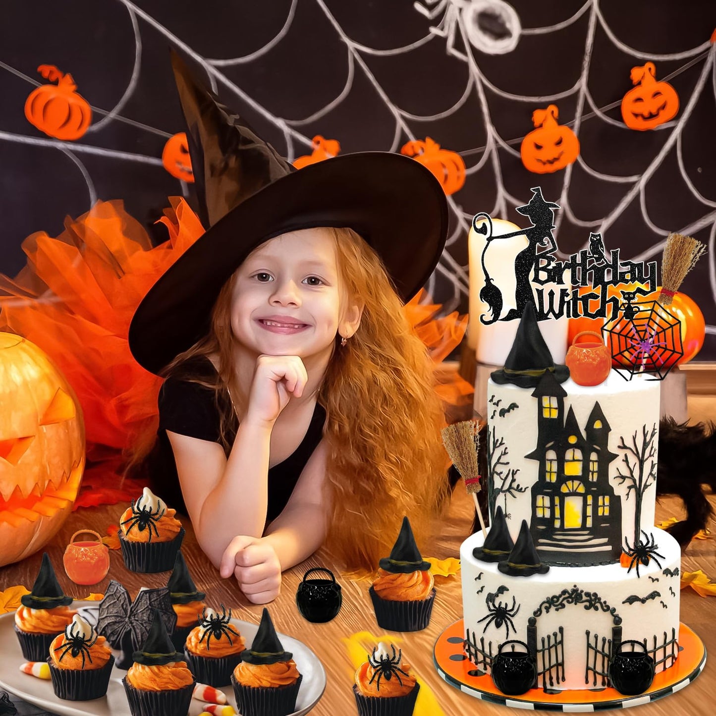 Morofme 13pcs Witch Cake Topper Halloween Cake Decoration Halloween Witch Cakes Decorations Black Themed Cupcake Toppers Hat Broom Spider Web Glitter Happy Birthday Decor for Scary Party Supplies