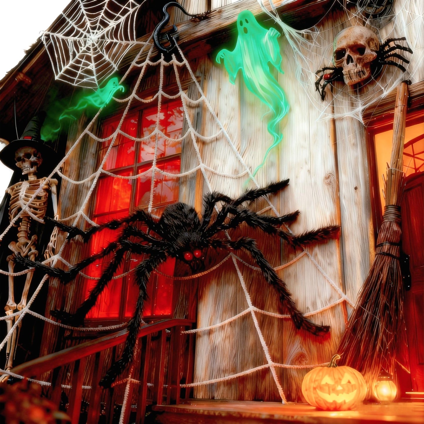 PUHPIG 200" Halloween Spider Web + 59" Giant Spider Decorations, Triangular Huge Spiders Web and Hairy Scary Fake Spider, for Indoor Outdoor Porch Yard, Scary Haunted House Party, and Halloween Décor