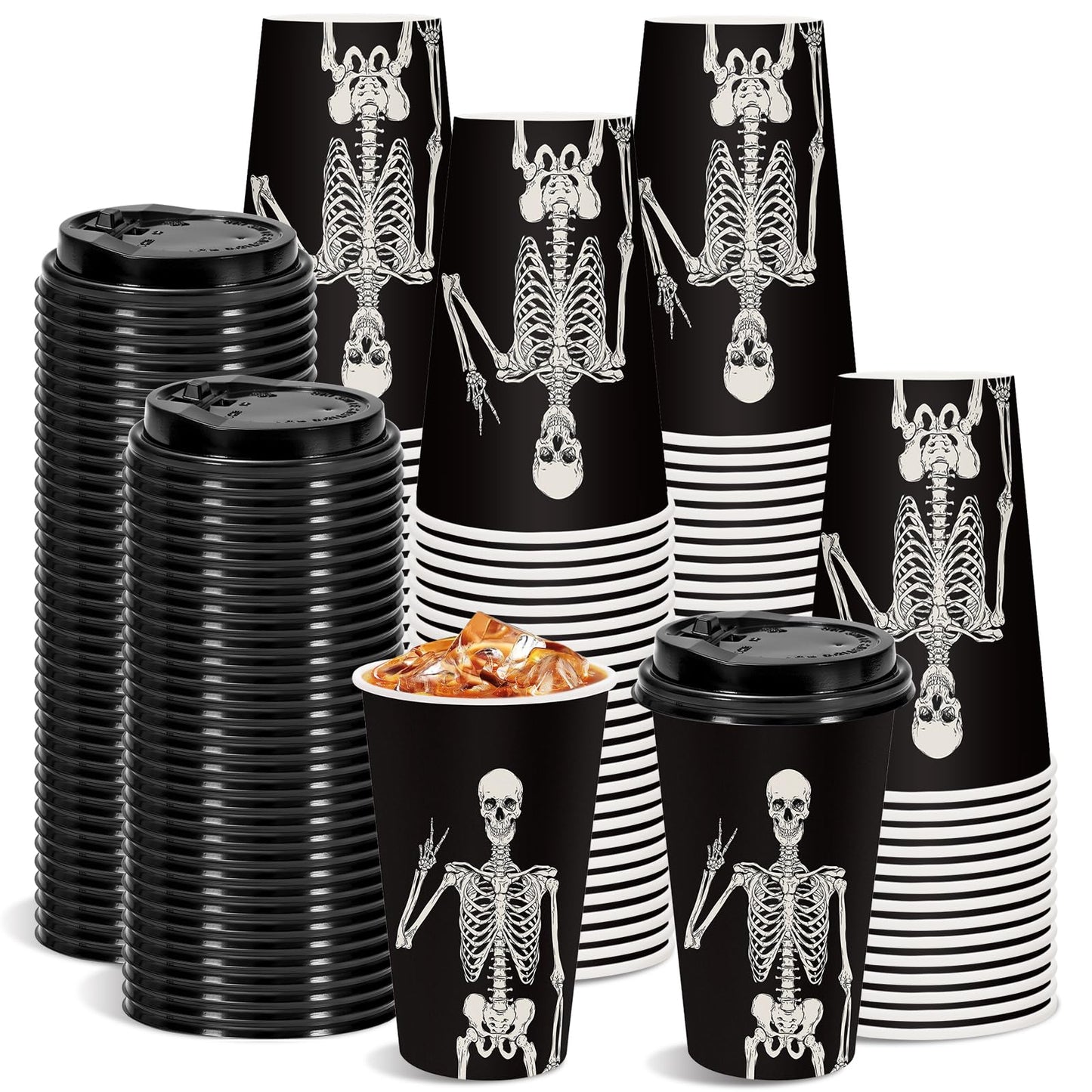 JarThenaAMCS 50Pcs Halloween Coffee Cups 16 Oz Smiling Skeleton Paper Cup with Lid Disposable Black Drinking Cups for Hot Cold Drink Trick or Treat Party Supplies