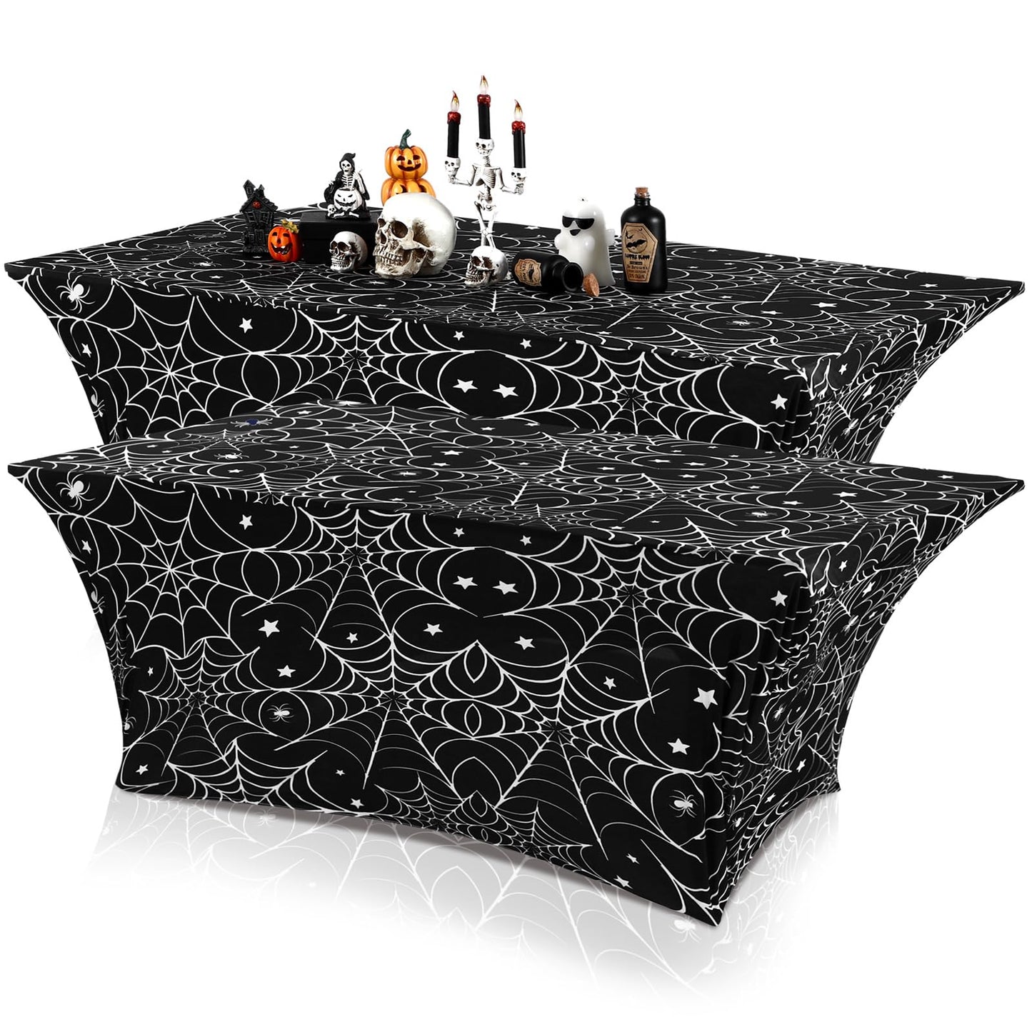 Oudain 2 Pcs Halloween Stretch Table Cover 6 Feet White Black Spider Web Spandex Table Clothes Gothic Spider Cobweb Scary Party Decorations for Halloween Home Decorations Party Celebration