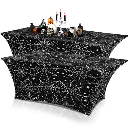 Oudain 2 Pcs Halloween Stretch Table Cover 6 Feet White Black Spider Web Spandex Table Clothes Gothic Spider Cobweb Scary Party Decorations for Halloween Home Decorations Party Celebration