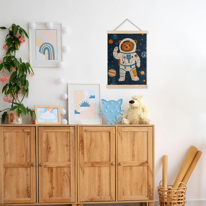 URLLUAE Astronaut Bear Space Wall Art Posters for Kids Room, Cute Outer Space Planet Poster Hanger Frame for Boys Bedroom Classroom Nursery Playroom Wall Decor, 12x16 Inch