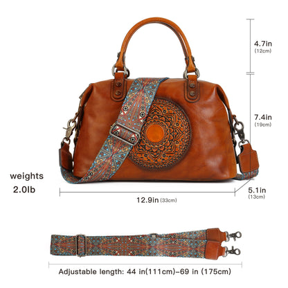 Genuine Leather Women's Handbags Travel Small Purses Top Handle Barrel Satchel Shoulder Hand Bags leather crossbody bags for Women Retro Totem Tote Bag Brown