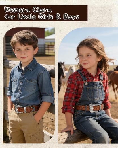AWAYTR Kids Western Belt for Girls - Vintage Cowgirl Leather Belt for Jeans Dresses, Brown, Fit Waist 20-24in