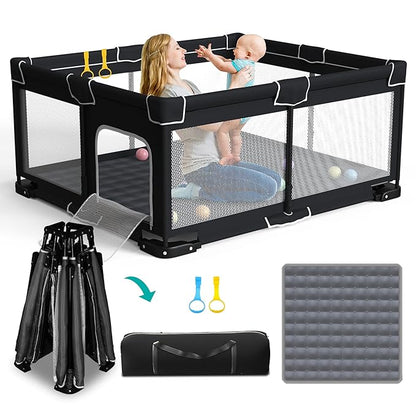 ICAREWAY Foldable Playpen for Babies and Toddlers, 71x59 Inches Portable Playpen, Kids Collapsible Play Pen with 2 Handlers, Indoor & Outdoor Baby Play Area with Visible Mesh (Black)