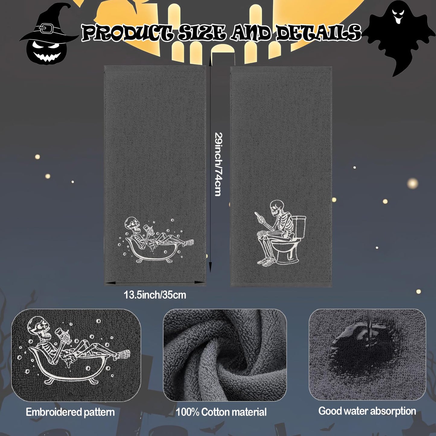 2 Pack Luminous Halloween Hand Towels 100% Cotton Embroidered Skull Halloween Kitchen Towels Glow in The Dark Black Skeleton Bathroom Towels Seasonal Bathroom Decor (Black Skeleton, Halloween)