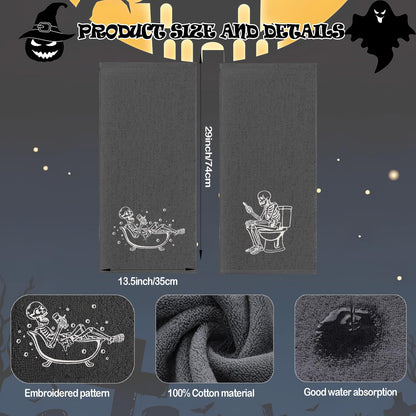 2 Pack Luminous Halloween Hand Towels 100% Cotton Embroidered Skull Halloween Kitchen Towels Glow in The Dark Black Skeleton Bathroom Towels Seasonal Bathroom Decor (Black Skeleton, Halloween)