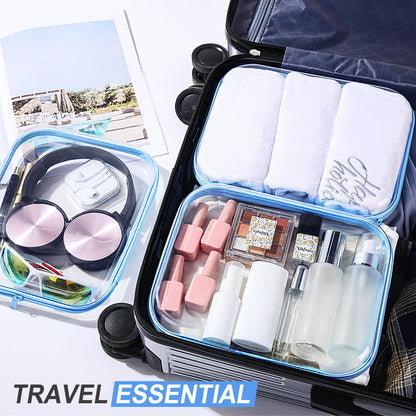 Hoolerry 3 Pcs Clear Hard Zipper Case Hard Plastic Zipper Pouch Makeup Bag Portable Travel Organizer for Cosmetics, Office Supplies, Documents & Toiletries(Blue,M)