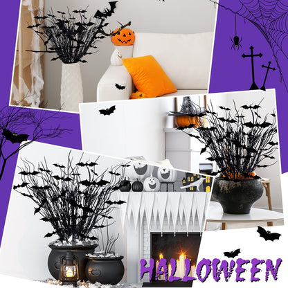 Zeyune 20 Pcs Halloween Black Artificial Branches Floral Picks Vase Filler 17.72 Inch Artificial Curly Willow and 3D Bats Wall Decals Sticker Decor Tree Glittery Flowers for Gothic Home