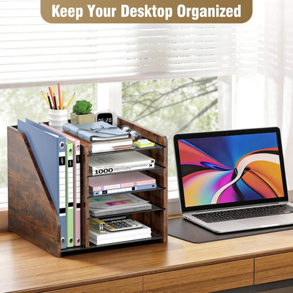Desktop Storage with File Rack, 5-Layer Paper Letter Tray Storage, mesh Desktop Storage, and Storage Device with Office Supplies and Magazine Rack-Wood Grain