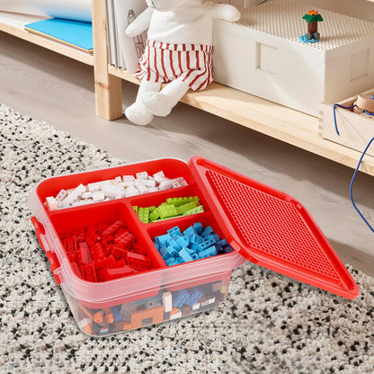 OGANAZI Plastic Storage Container with Bricks Baseplate Lid for Building Blocks, Bricks Building Set Organization Bin with Compartments Tray, Stackable Storage Box Building Block Chest Case (Red)
