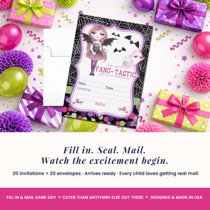 Fang-tastic Vampire Girl Halloween Theme 20 Birthday Invitations 5x7 Fill-In Cards with Envelopes, Kids Party Stationery Set, Cute Ghost Bat Polka Dot Spider Web Design, Made in USA by Amanda Creation