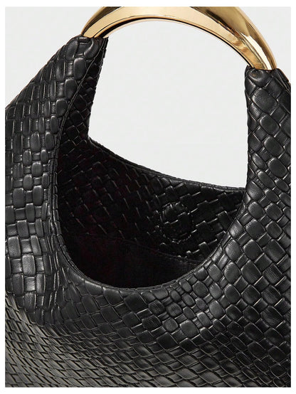 QWINEE Women's Woven Handbag Elegant Clutch Purse Metal Top Handle Cresent Evening Bag Retro PU Leather Clutch Purse Black One Size