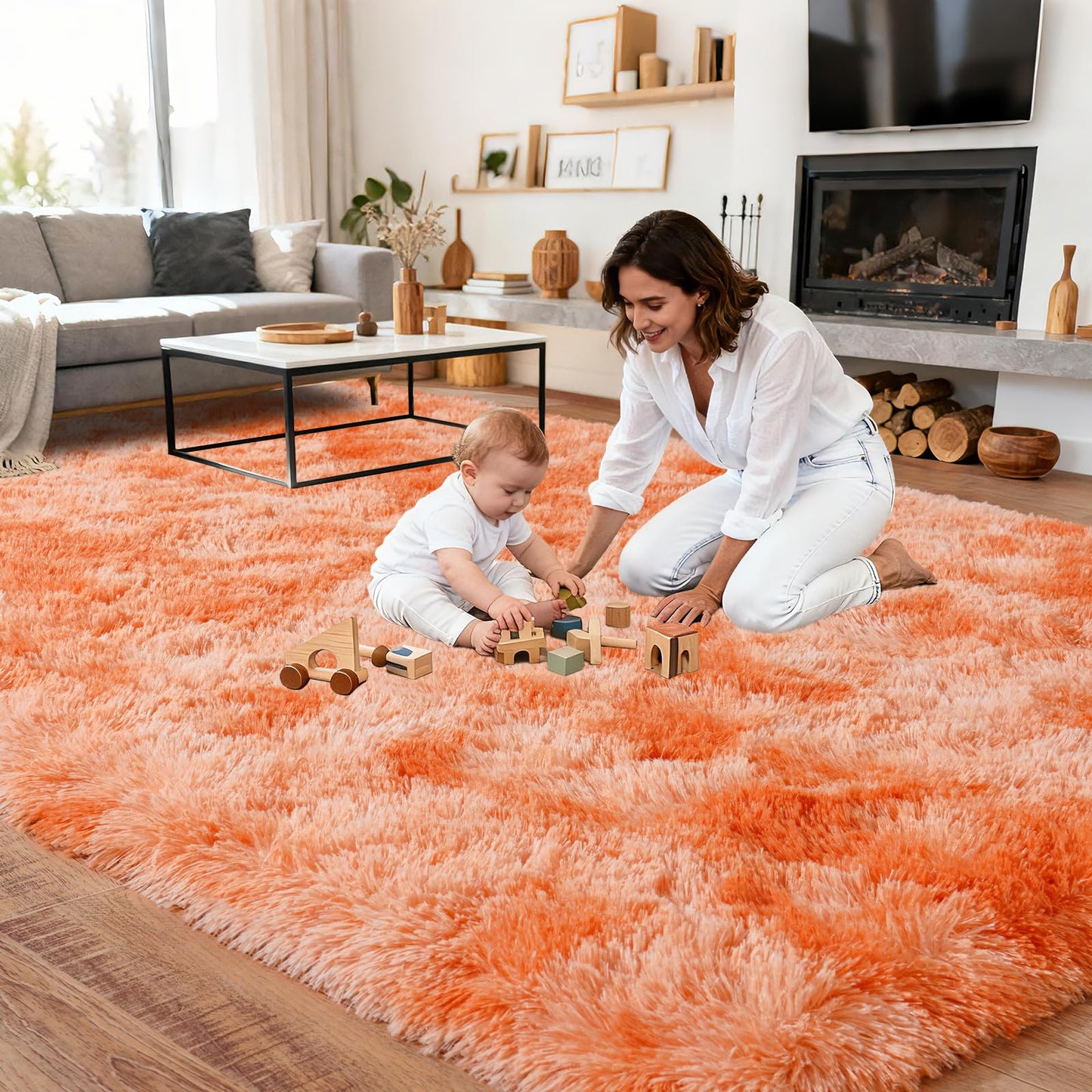 Upgrade Non-Slip Plush Rugs for Living Room, Soft Shaggy Carpets for Living Room, Fuzzy Rugs for Kids' Room, Perfect Decor for Modern Home Tie Dye Orange 5x7Feet