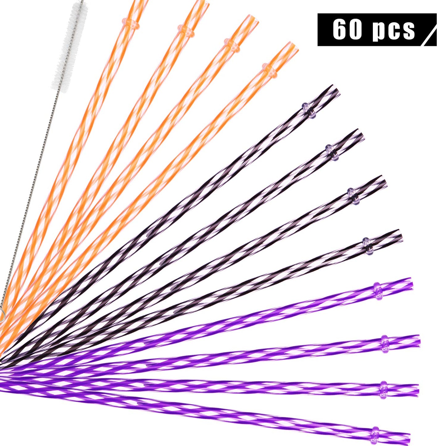 JOVITEC 60 Pieces Halloween Straws 9" Plastic Reusable Straw Drinking Straws for Tumblers with Straw Cleaning Brush for Halloween Cocktail Christmas Party Family Supply