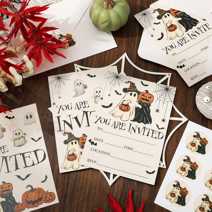JarThenaAMCS 25 Sets Halloween Party Invitations with Envelopes Stickers Beige Black Pumpkin Ghost Bat Invites for Halloween Celebration, 5 x 7 Inch
