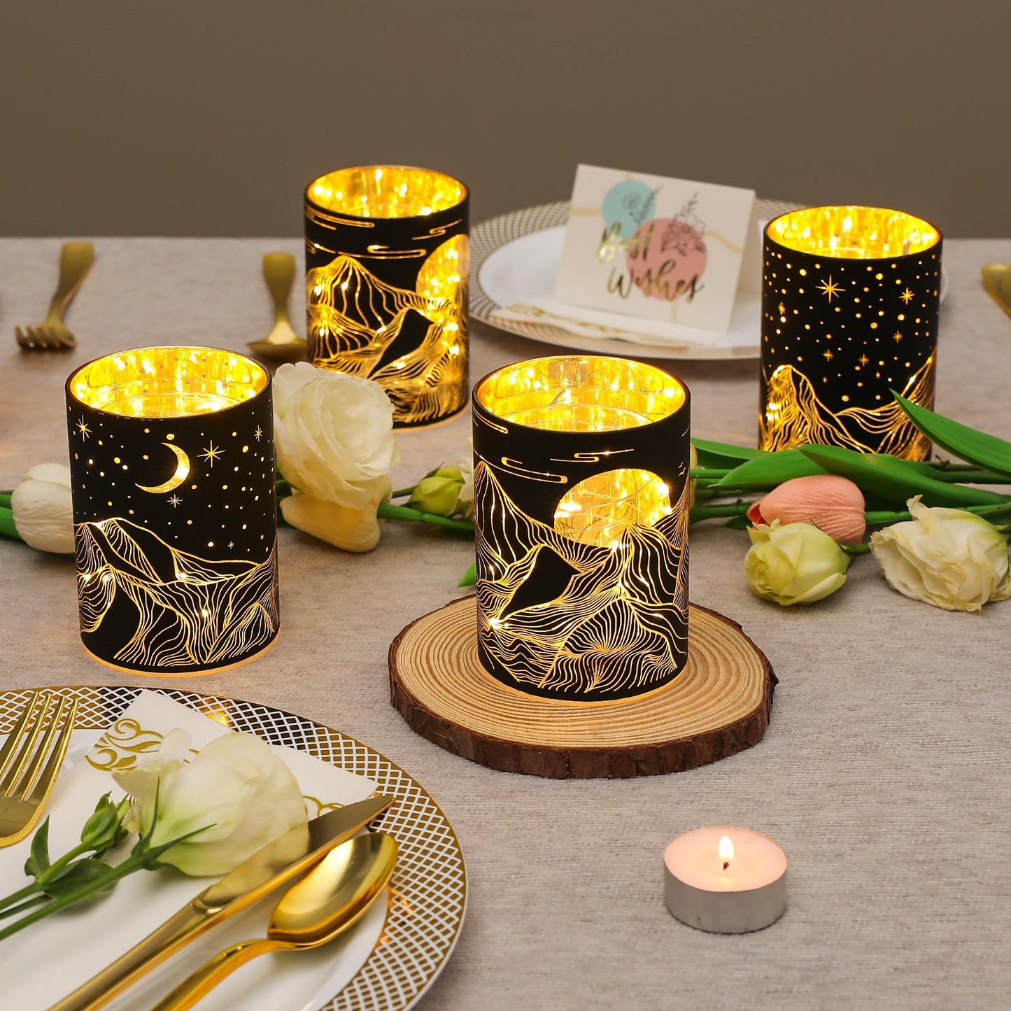 Glass Tealight Candle Holder, SunGlee Votive Candle Holders with LED String Light for Wedding, Birthday, Christmas Party Centerpiece Table Decor, Handmade Candle and Gift for Woman 2Pack