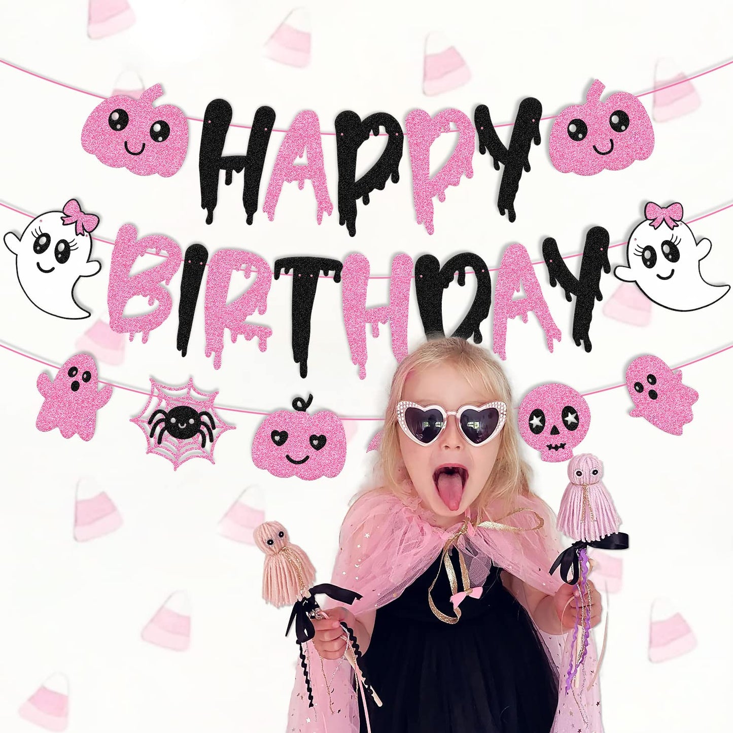 Pink Black Halloween Birthday Banner Ghost Bat Happy Boo Day Little Boo Themed for Girl Happy Birthday Party Supplies Glitter Halloween Decoration