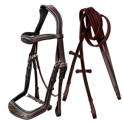 ExionPro Exion Anti-Pressure Anatomic English Jumping Leather Horse Padded Bridle with Reins- Havana Brown, Cob Size