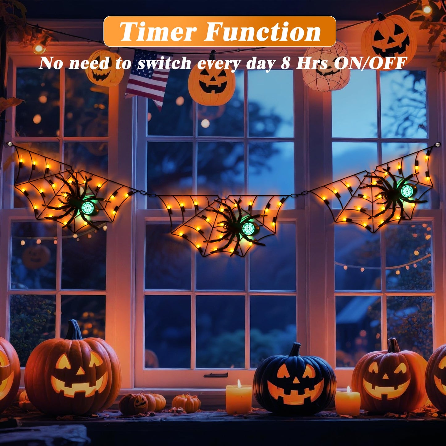 Halloween Decorations Spider Web Lights - 52.8 Inch/4.4 ft Connected Cobweb with Scary Spiders, 54 Orange & 3 Green LEDs, Timer Function, Lighted Spider Nets for Indoor Ourdoor Yard Patio