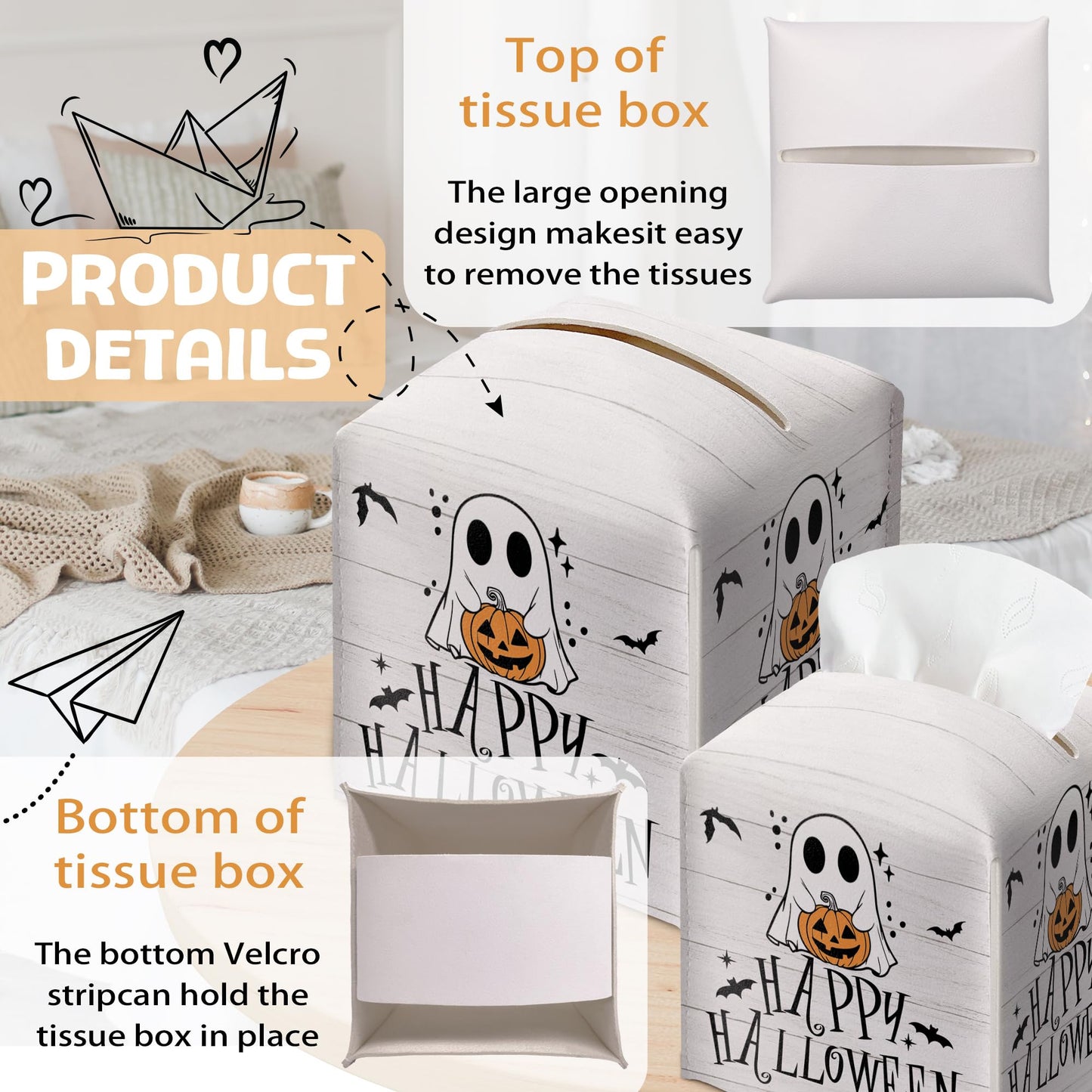 Happy Halloween Tissue Box Holder, Ghost Pumpkin Leather Tissue Box Cover Square, Cute Facial Paper Organizer Dispenser Toilet Paper Holder Decor for Bathroom Kitchen Office Home Accessory-A03