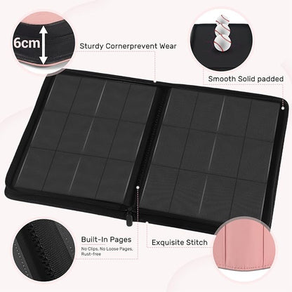 12 Pocket Card Binder, Zipper Trading Card Binder, 720 Large Capacity Side Loading Non-Ring Card Album, Double Sided Acid-Free Card Protector Binder, Card Collection for TCG, MTG, Sport Card, Pink