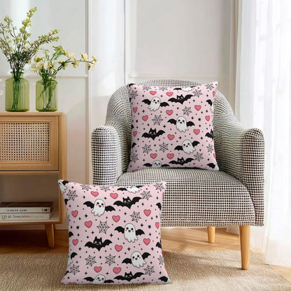 Halloween Pink Cute Ghost Bats Heart Decorative Pillow Covers 16x16 Inch Set of 2 Rustic Boho Flower Outdoor Throw Pillows Neutral Farmhouse Decoration Cushion Cases for Sofa Couch Bed Decor