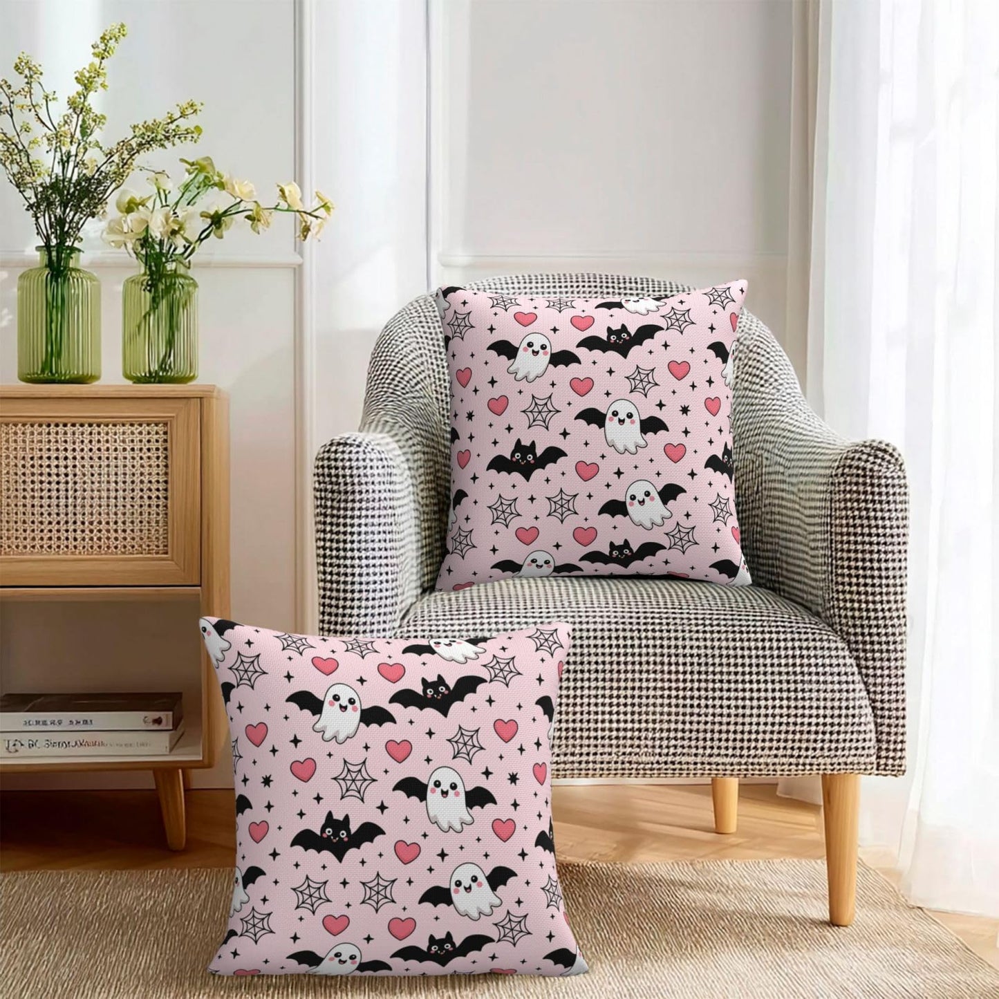 Halloween Pink Cute Ghost Bats Heart Decorative Pillow Covers 18x18 Inch Set of 2 Rustic Boho Flower Outdoor Throw Pillows Neutral Farmhouse Decoration Cushion Cases for Sofa Couch Bed Decor