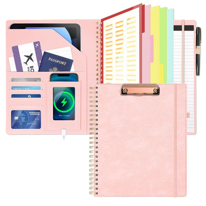 Clipboard with Storage for Men Women, Leather Padfolio Portfolio Organizer 5 Folders with 10 Pockets, Spiral Clipboard Folio with Notepad for Letter Size, Elastic Closure and Pen Loop Pink