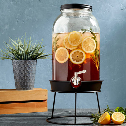 Mason Craft & More 3 Gallon Glass Beverage Drink Dispenser with Leakproof Spigot and Metal Stand