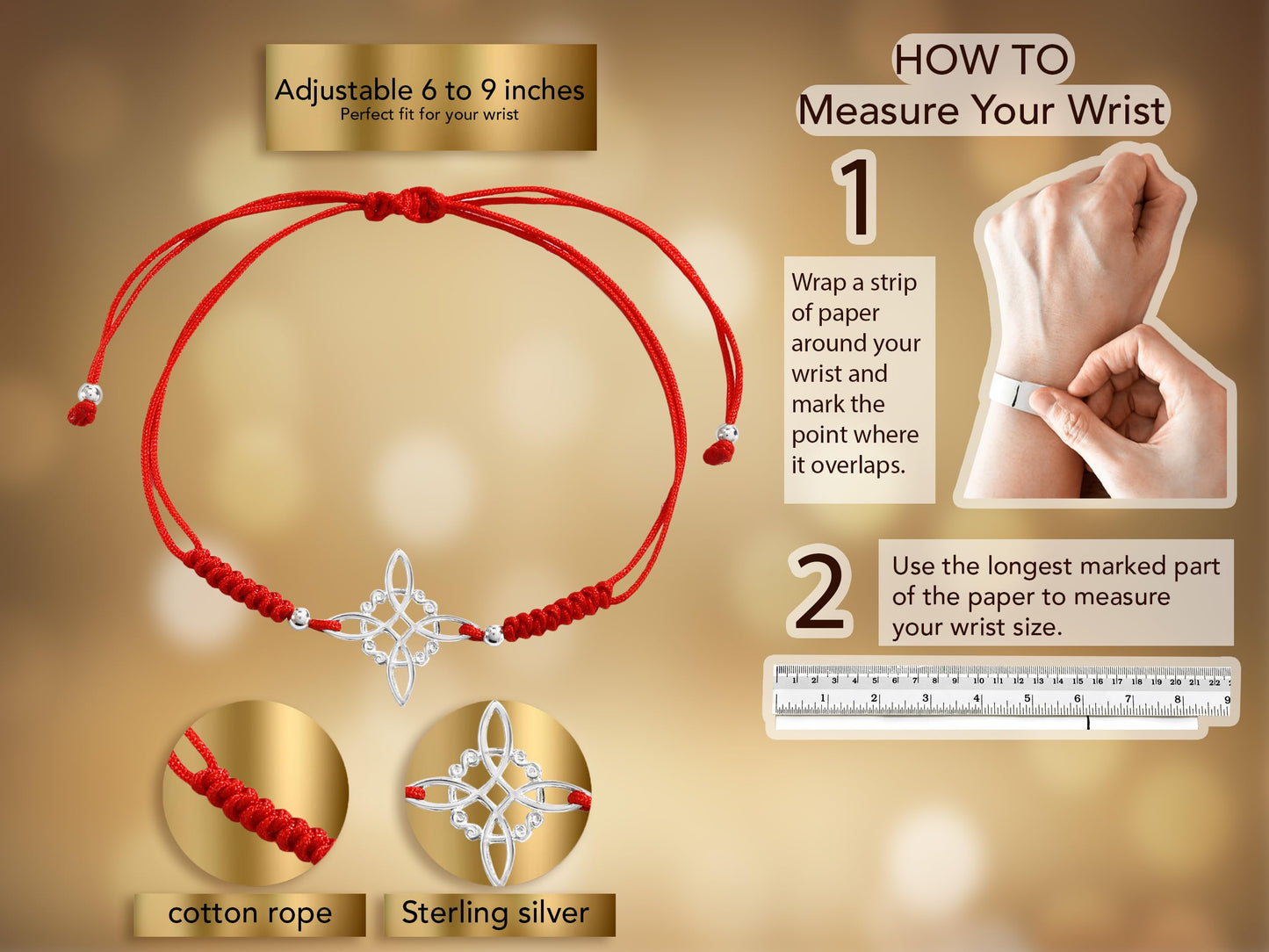 AeraVida Adjustable Red Witches Knot Bracelet with Sterling Silver Flower Charm – 19mm Symbol Centerpiece, Cotton Rope Band 6 to 9 Inches, Sliding Knot Closure