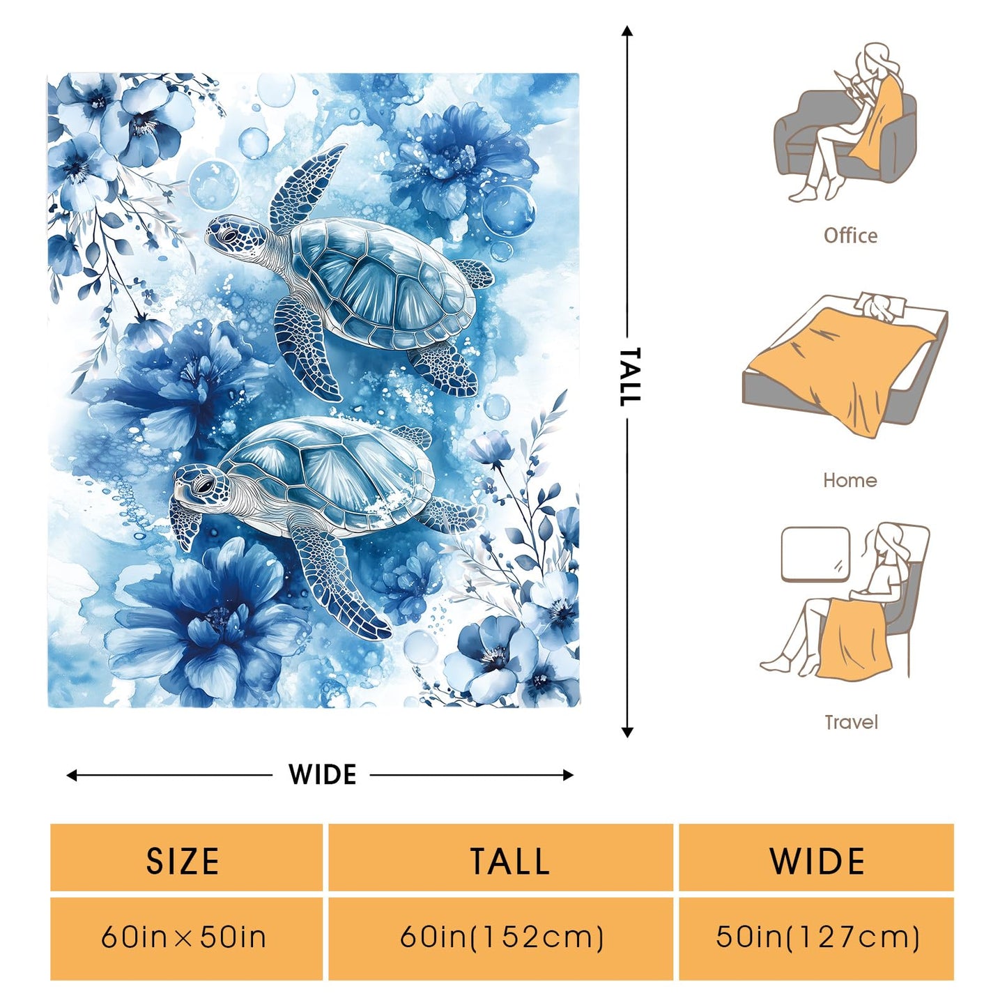 Hohoto Sea Turtle Floral Blanket Blue Flowers Ocean Gifts for Women Kids Girls Birthday Christmas Halloween Mother's Day Mom Wife Sisters Female Friends Presents Colorful Throw 60"x80"