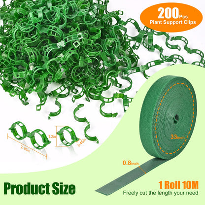 owandan 200Pcs Secured Plant Support Clips with Plant Ties 20mm 33ft - Tomato Clips Garden Tape Strap for Garden Netting Climbing Plants, Fixing Stem and Vine (Green)