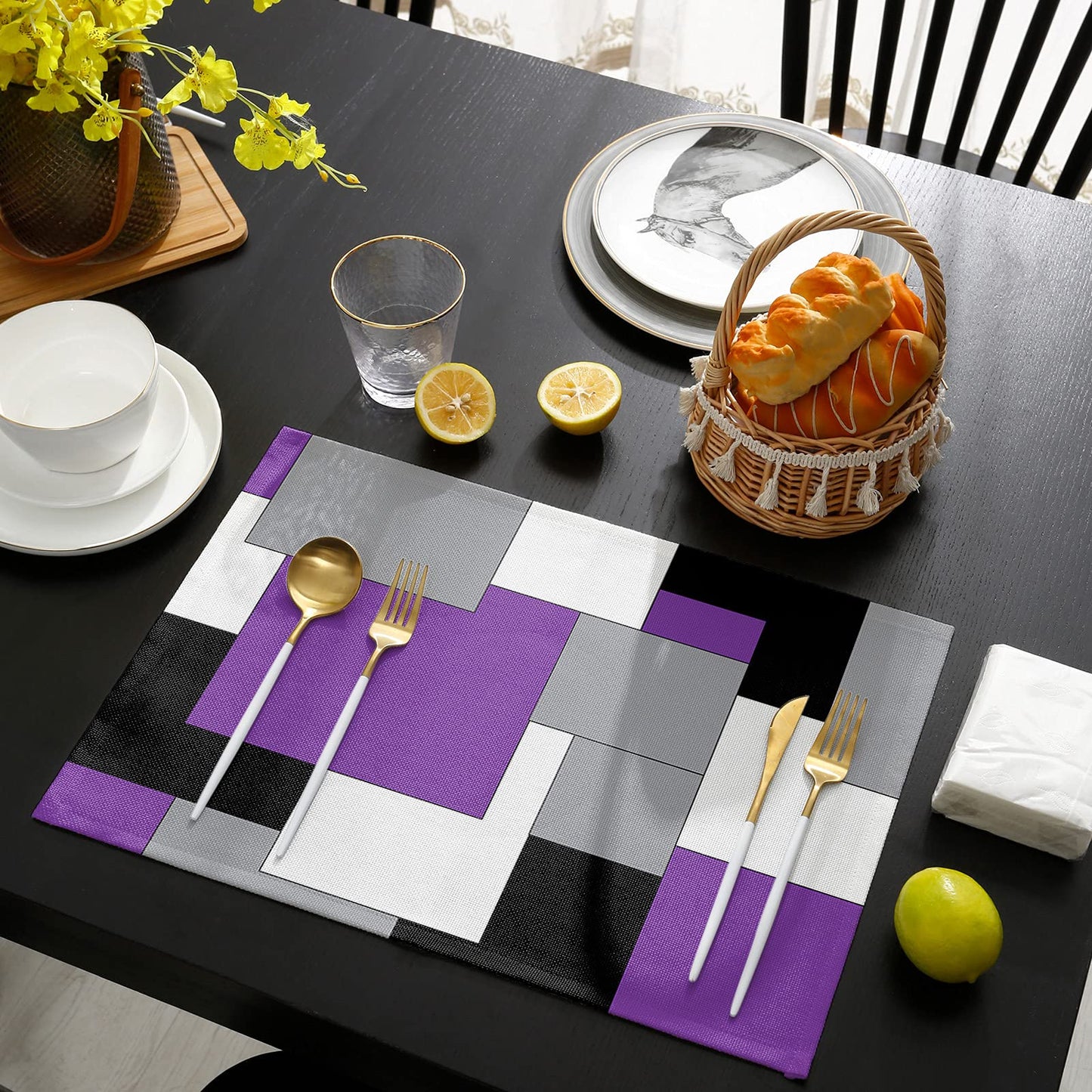 Placemats for Dining Table Set of 4, Abstract Art Patchwork Purple Black and Grey Kitchen Place Mats, Non-Slip Washable Table Mats, 13x19 in