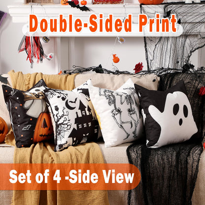 multiwins Halloween Decorations Set of 4 Double-Sided Print Ghost Pillow Covers 18" x 18", with 8 Cute Halloween Decor Patterns, Soft Linen Throw Pillow Covers for Outdoor & Indoor Use