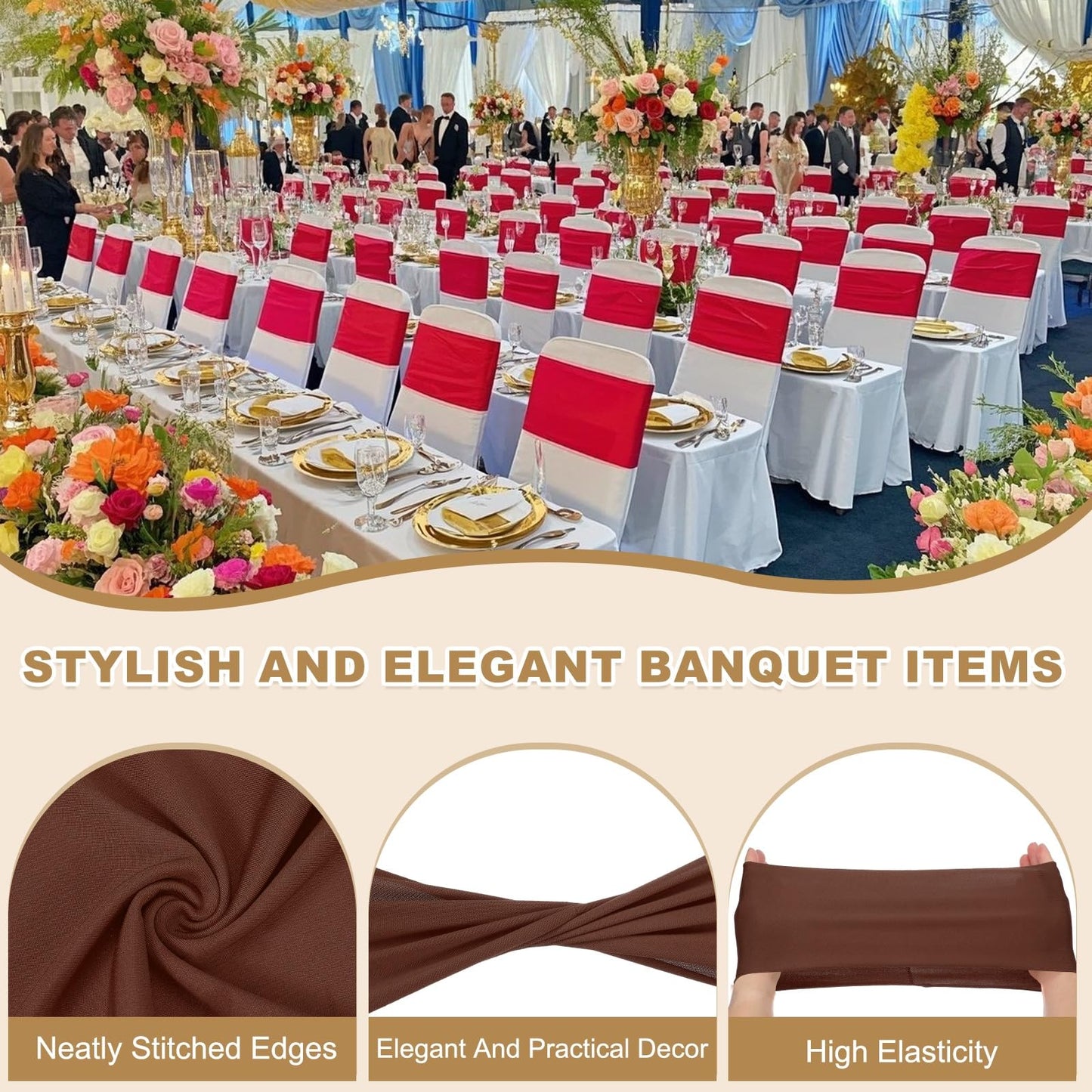 PATIKIL Premium Spandex Chair Sashes Bows, 50 Pcs Elastic Stretch Chair Cover Band Ties with Slider Buckle for Birthday Party Banquet Wedding Decoration, Dark Coffee