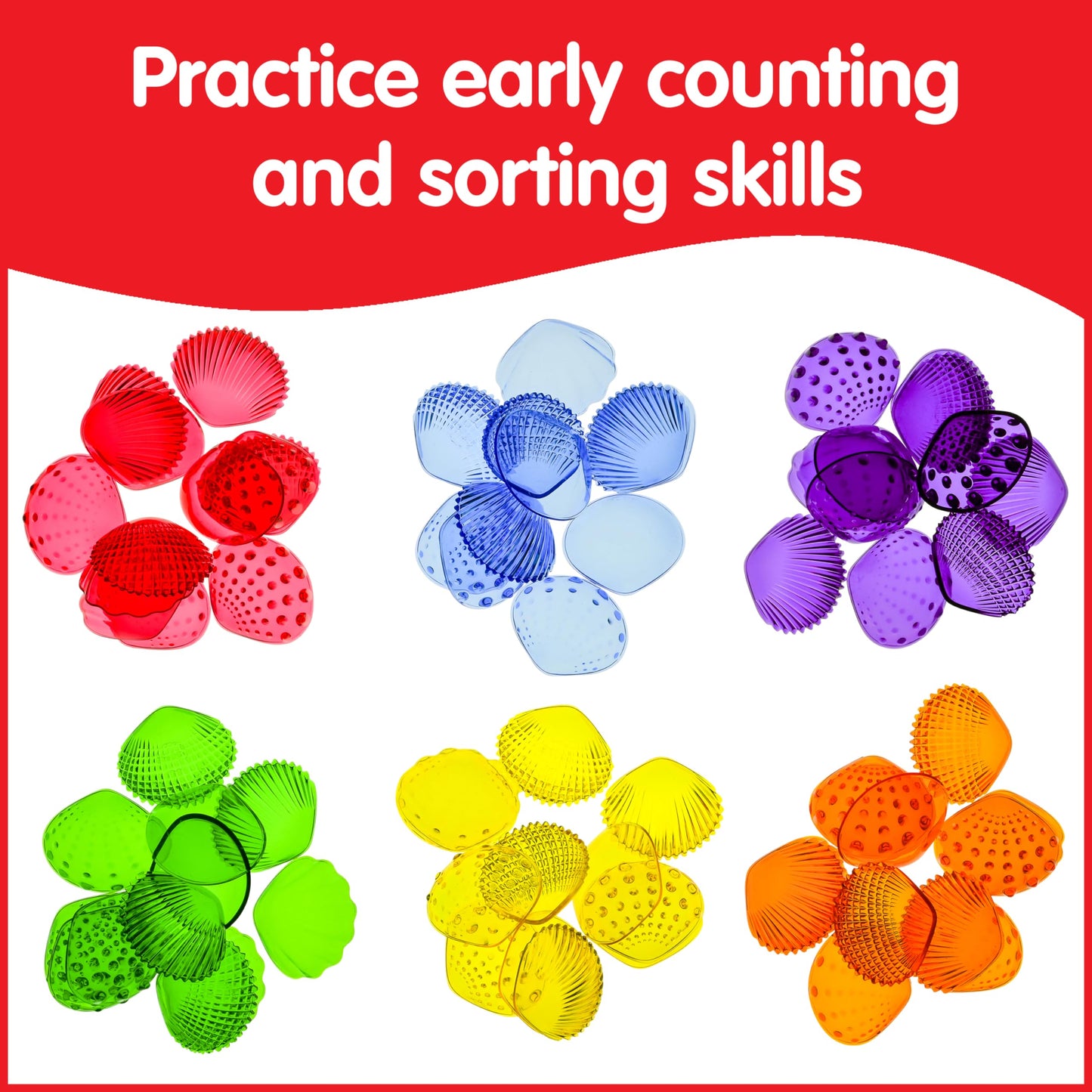 edxeducation Tactile Shells | Set of 72 | Translucent | 6 Textures and Colors | Ages 18m+ | Explore Early STEM Concepts | Light Table and Sensory Bin Toys